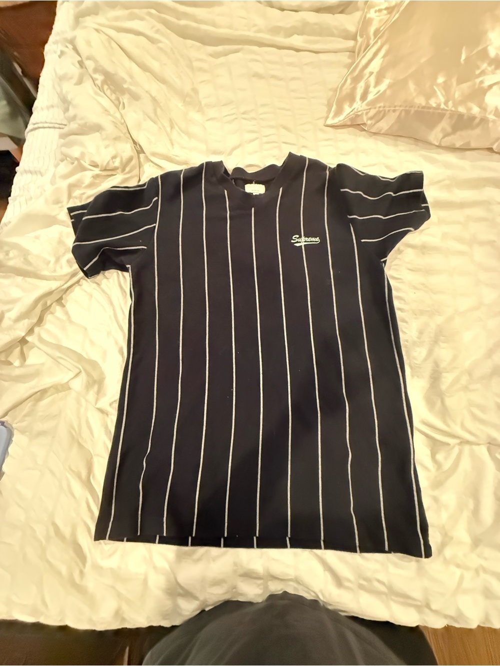 Never been worn!!!  SUPREME Black with White Pinstripes Short Sleeve Tee